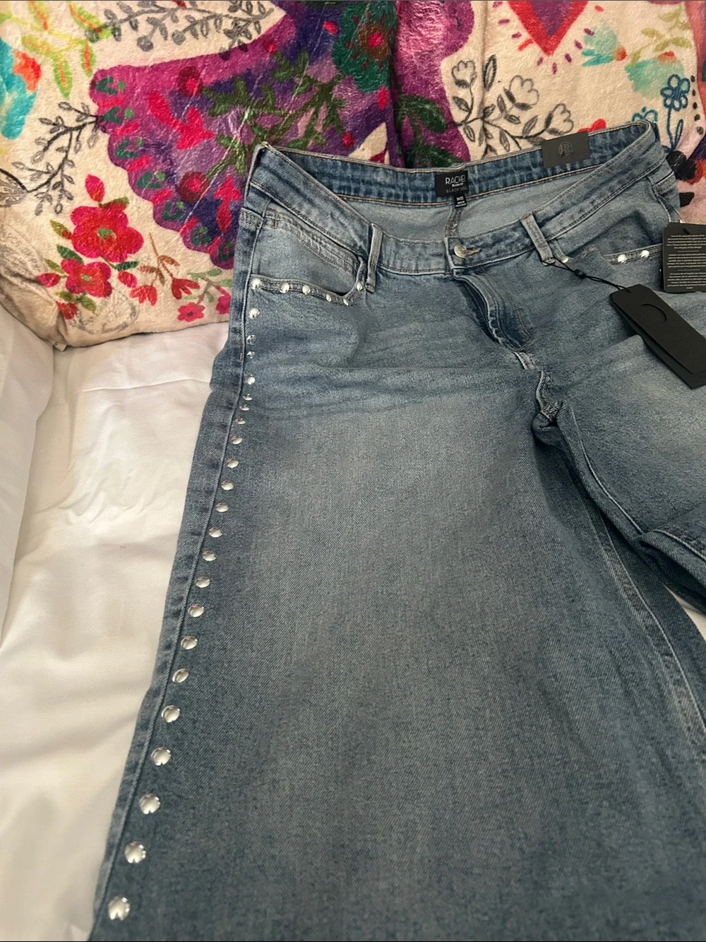 Rachel Light Blue Stud-Trim Wide Leg Jeans
